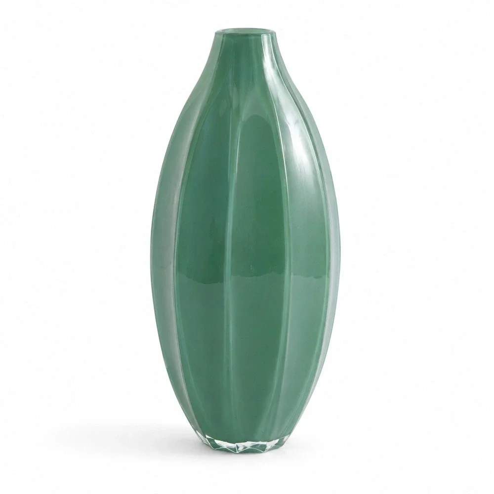 Vintage Jade Green Fluted Art Glass Bud Vase Organic Modern Deco Inspired 9.25
